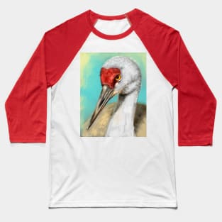 Painting of a Crane with Vibrant Colors on Yellow Blue Background Baseball T-Shirt